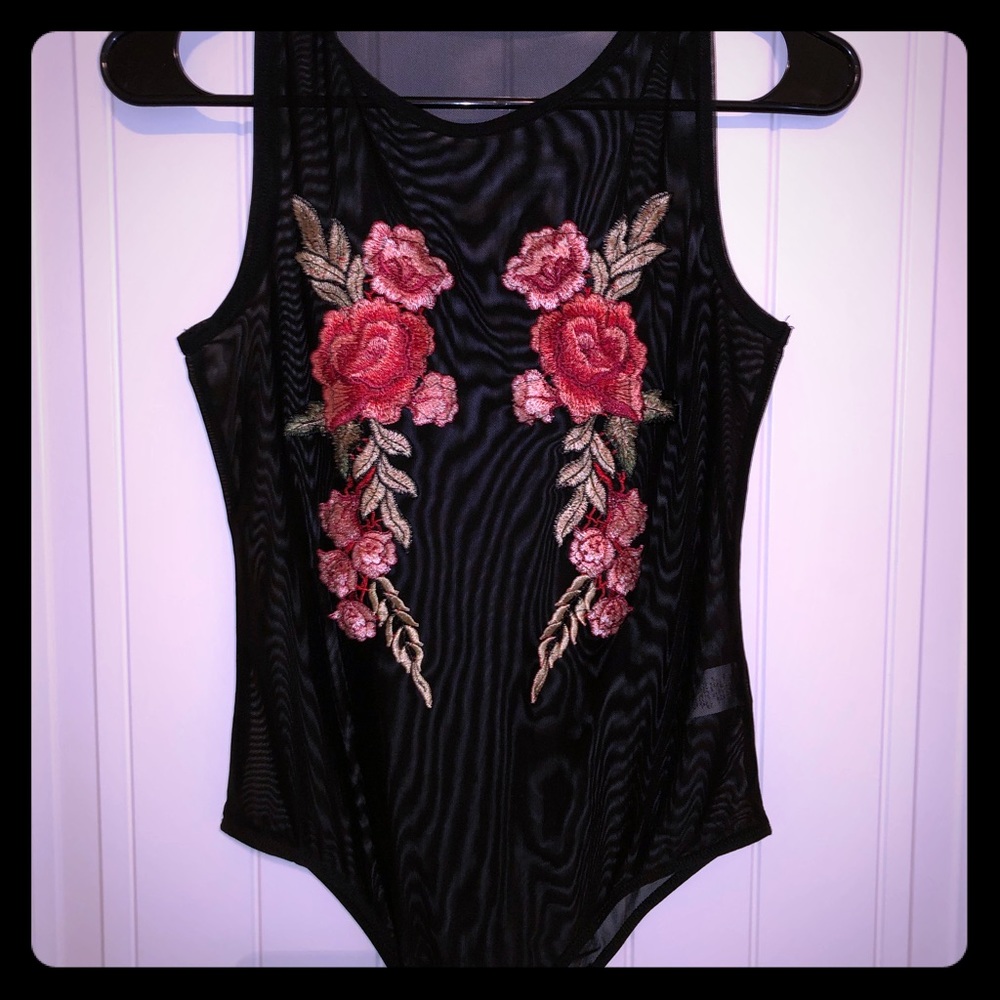NWOT Black Sheer Bodysuit with Roses